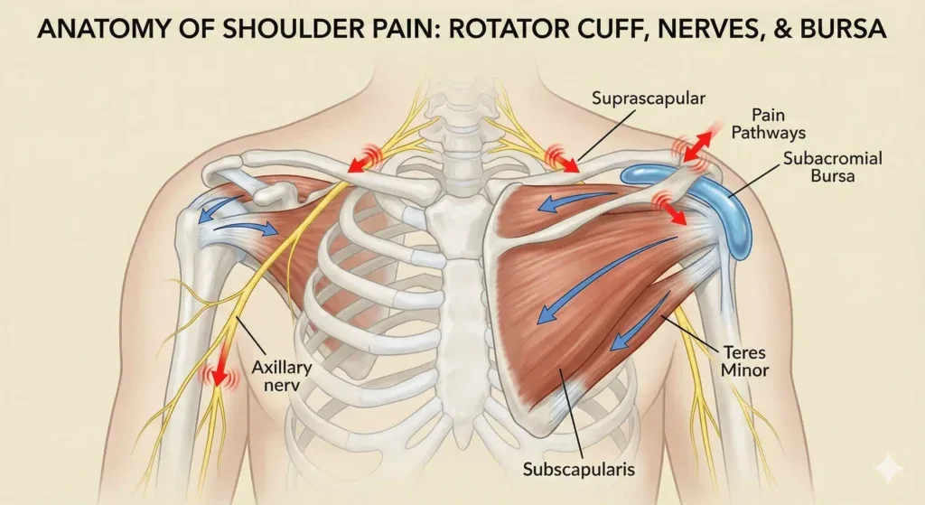Shoulder Pain and Rotator Cuff Injuries: What Active Adults in North Hollywood Need to Know shoulder anatomy rotator cuff diagram 1024x559 (1)